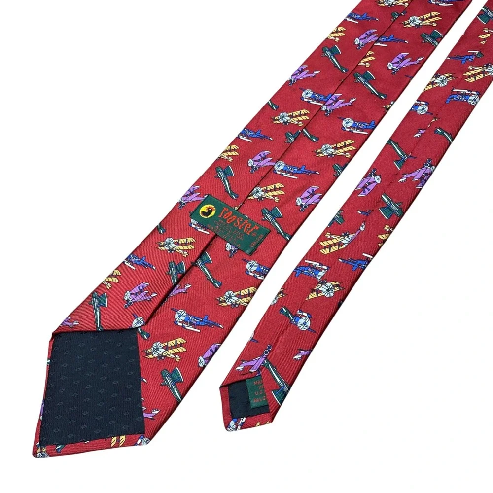 Vintage Rooster Novelty Tie Biplane Mens Red Silk USA‎  West End